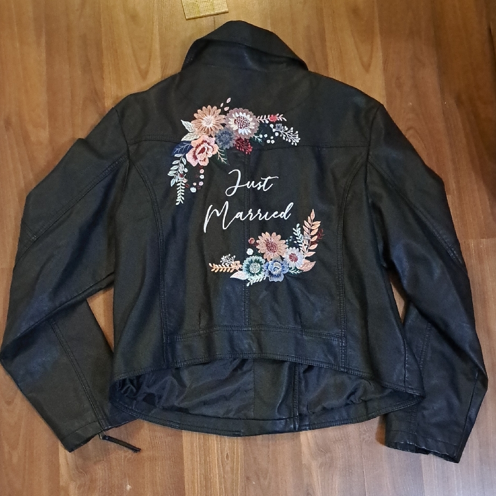 ⭐️NWT⭐️ Black Faux Leather "Just Married" Embroidered Jacket